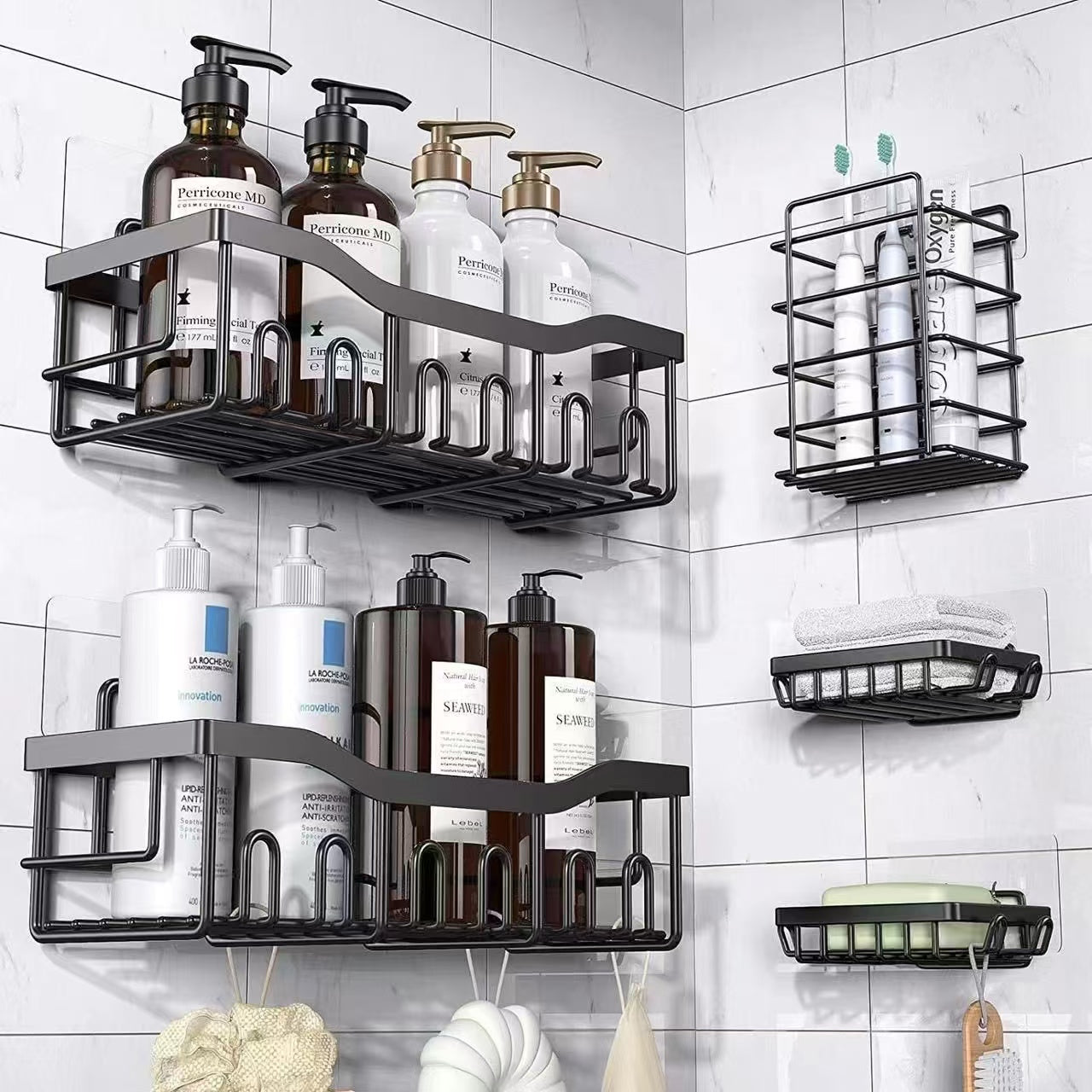 Premium Rustproof Shower Caddy – Adjustable Hanging Organizer with Hooks & Shelves